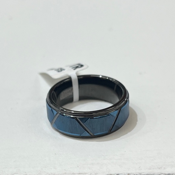 New 8mm Tungsten blue black IP plated Trapezoid stepped edge sizes 7 to 15 - Picture 3 of 8